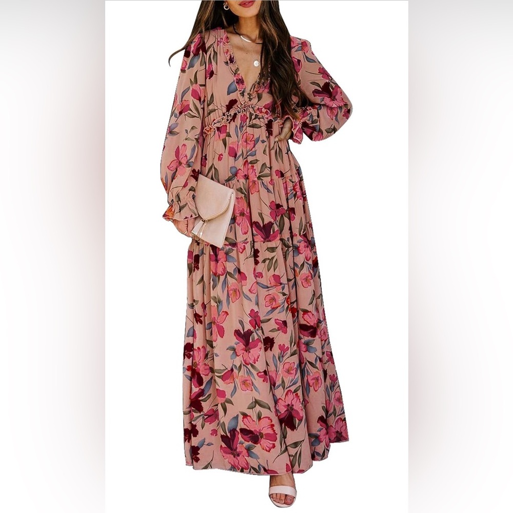 Floral V-neck Floral Long Sleeve Dress